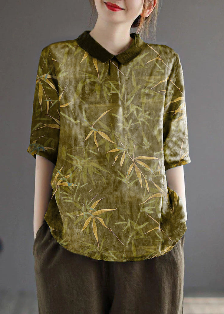 Grass Green bamboo Turn-down Collar Print Summer Shirt Half Sleeve