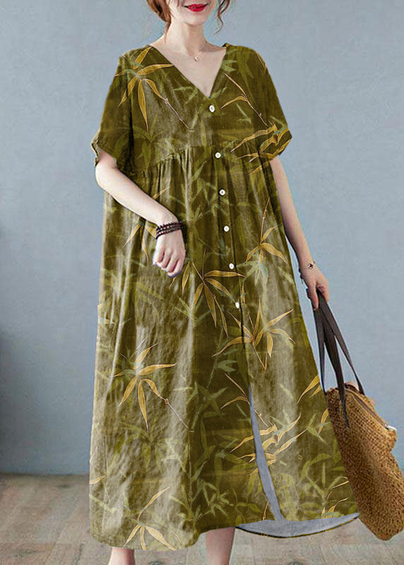 Plus Size Green bamboo Retro Button Summer Print Half Sleeve Maxi Dress