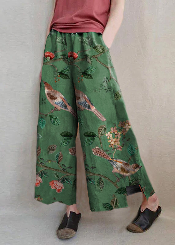 Handmade Khaki Print Dandelion Wide Leg Pants Summer Cotton Linen