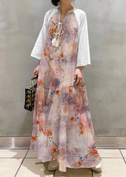 Simple Pink-flowers Embroidered Hollow Out Cotton Long Dresses Spring
