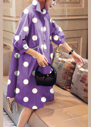 Vintage Purple polka dots Pockets Button Fall Half Sleeve Shirt dress