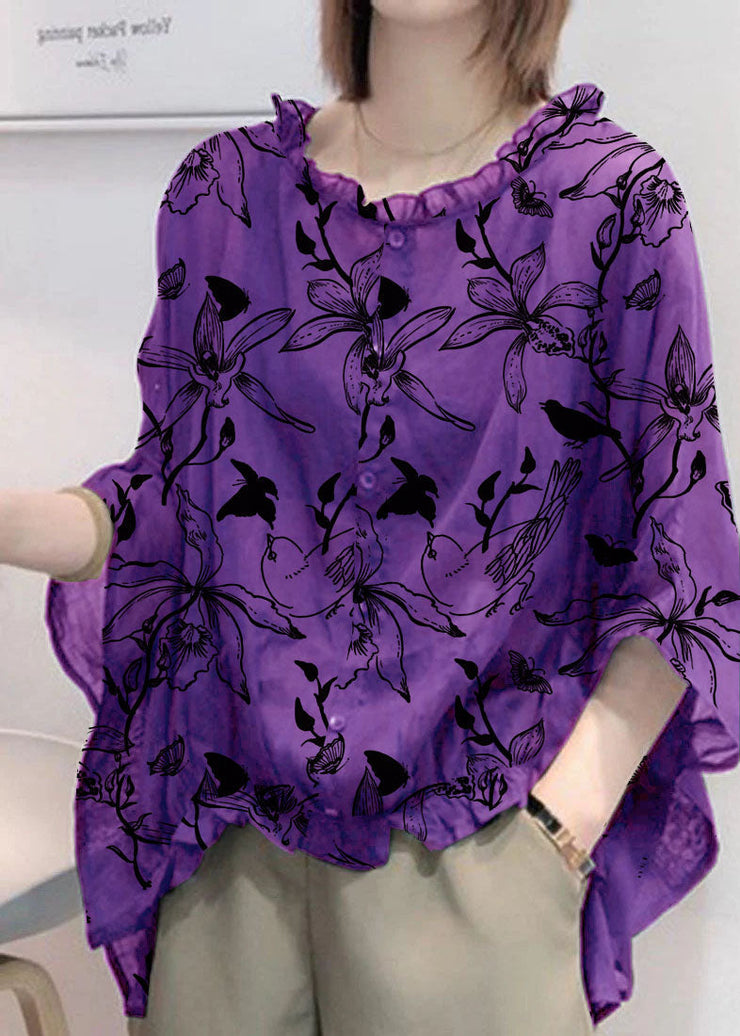 Art Purple leaves Tops Ruffles Trim Half Sleeve Shirts Blouse Plus Size