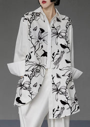 Unique White-flowers and birds Asymmetrical Design Side Open Cotton Long Shirts Spring