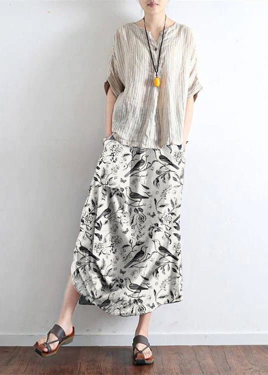 Yellow leopard oversized linen skirts asymmetrical design elastic waist long skirt