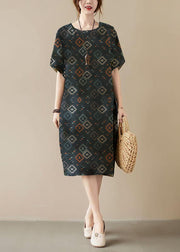 Classy Navy blue Print O-Neck Pockets Summer Maxi Dresses Half Sleeve