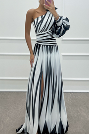 Wedding Prom Striped White tie dye Slit Irregular Sloping Shoulder Evening Dresses