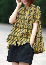 yellow-flower Print Patchwork Linen Top Button Stand Collar Summer