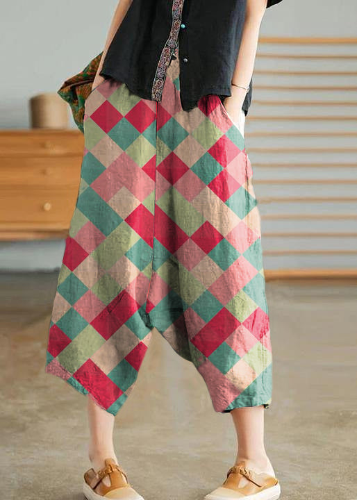 Red Geometry Women Casual Solid Color Linen Pocket Pants