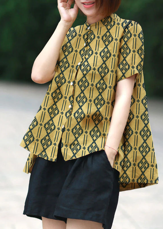 Yellow-geometry Print Patchwork Linen Top Button Stand Collar Summer