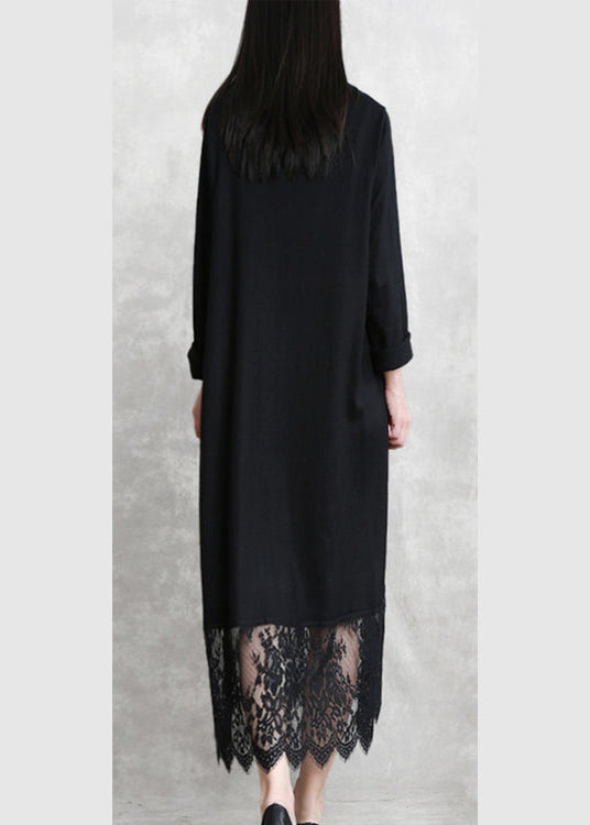 baggy black long wool blended dresses casual O neck patchwork traveling dress Elegant long sleeve lace autumn dress