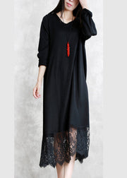 Baggy schwarze lange Wollmischkleider lässiges Patchwork-Reisekleid mit O-Ausschnitt Elegantes Langarm-Spitzen-Herbstkleid