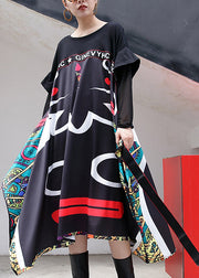 baggy black print long cotton dress casual patchwork tulle tie cotton dress New asymmetric hem dresses
