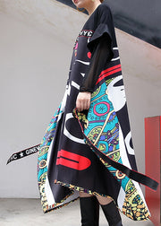 Baggy Black Print langes Baumwollkleid Casual Patchwork Tüll Krawatte Baumwollkleid Neue Kleider mit asymmetrischem Saum