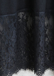 Baggy schwarze lange Wollmischkleider lässiges Patchwork-Reisekleid mit O-Ausschnitt Elegantes Langarm-Spitzen-Herbstkleid