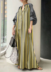 Bohemian Yellow stripes V Neck Oversized Long Dresses Lantern Sleeve