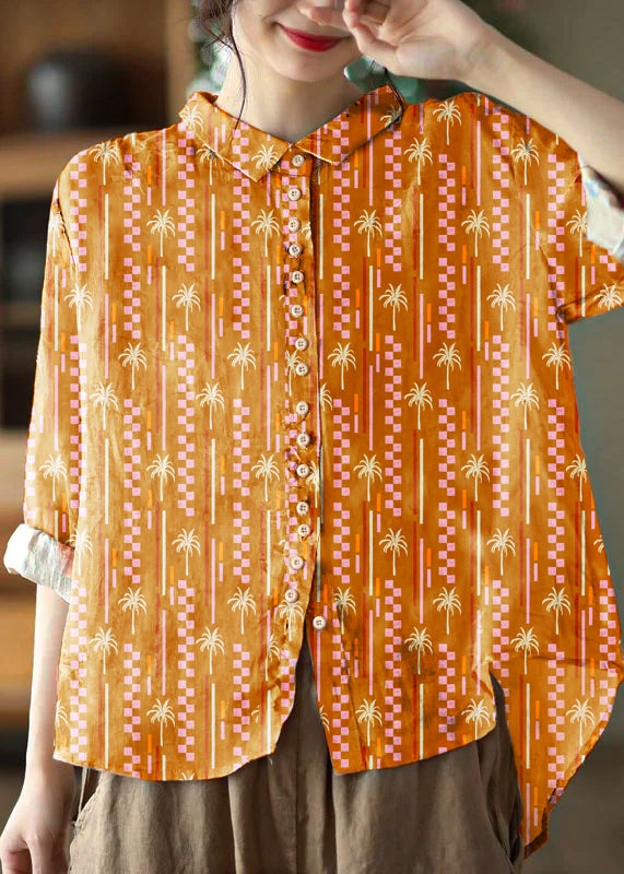 Simple Orange Peter Pan Collar Print Button Cotton Blouse Tops Long Sleeve