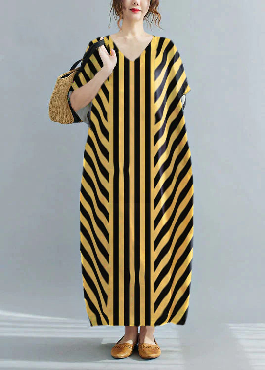 Loose Yellow stripes V Neck Oversized Leaf Print Chiffon Long Dress Short Sleeve