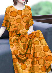Orange - Geometry Print Silk Long Dress Oversized Pockets Wrinkled Summer