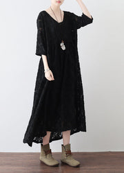 black cross neck lace dresses plus size lace caftans tunic high waist design