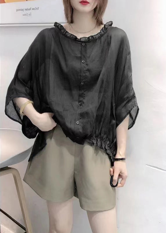 Black  Tops Ruffles Trim Half Sleeve Shirts Blouse Plus Size