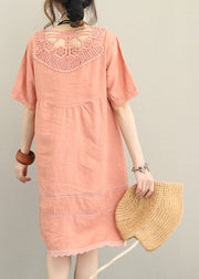 boutique light orange Midi linen dresses oversize linen clothing dress fine patchwork lace hollow out midi dress