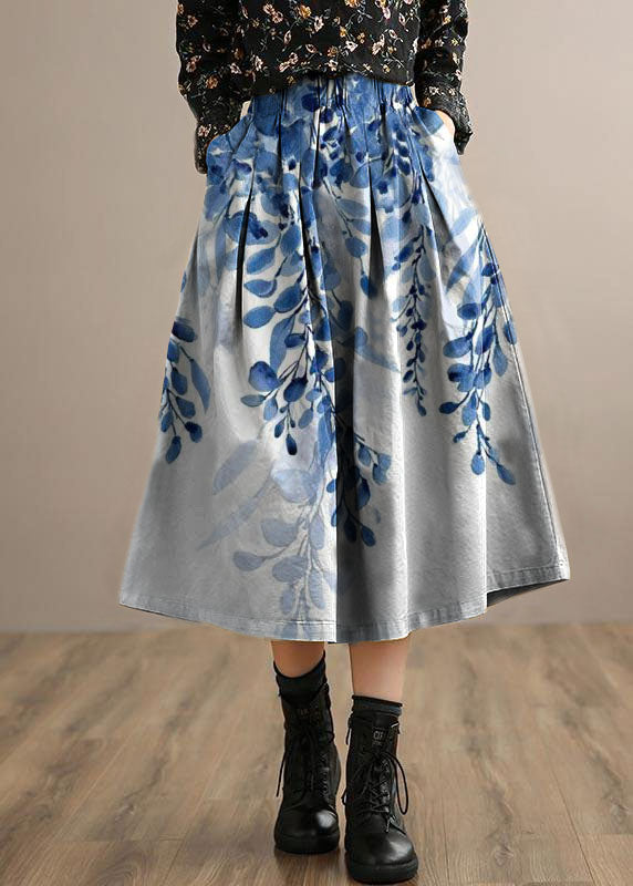 French Blue Flowers Clothes For Women Elastic Waist Art Spring Dresses