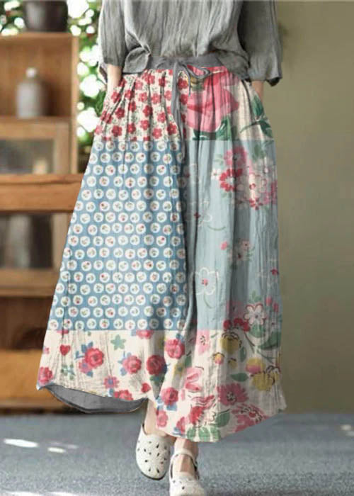 Casual Blue Flowers Pockets wrinkled Tie Waist Linen Skirt Summer