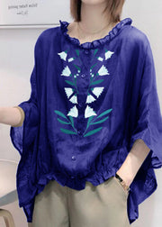 Art dark blue-pumpkin Tops Ruffles Trim Half Sleeve Shirts Blouse Plus Size
