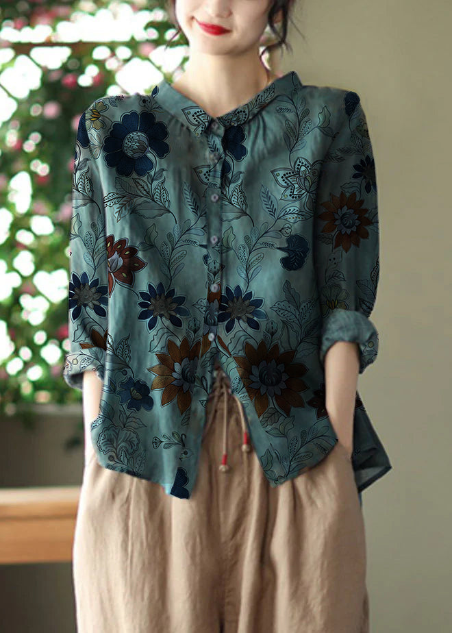 Retro Peacock grey Peter Pan Collar Print Button Wrinkled Shirts Long Sleeve