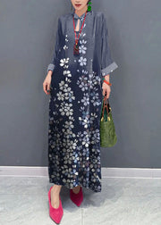 Blue Flowers Stand Collar Silk Velvet Maxi Dresses Fall