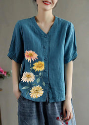 Loose Blue-four flowers V Neck Embroideried Floral Summer Linen Shirt