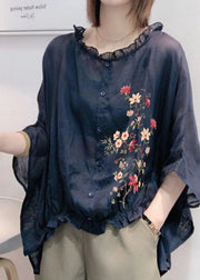 Art Purple-flowers and birds Tops Ruffles Trim Half Sleeve Shirts Blouse Plus Size