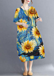 Stylish Blue flower O Neck Plaid Maxi Dresses Cotton Linen Summer