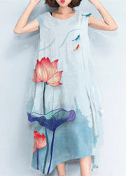 2024 Blue Flowers natural cotton polyester dress oversize sleeveless traveling dress Elegant kaftans