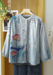 Beautiful Blue Flwowers Embroideried Button Cotton Blouse Long Sleeve