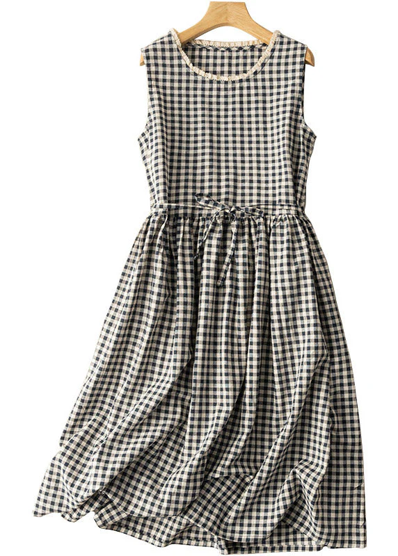 Grace Black White Plaid O-Neck Patchwork Tie Waist Maxi Dress Summer