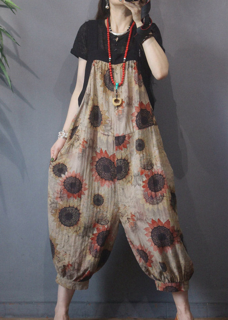 Loose Khaki Patchwork Print Wide Leg Jumpsuits