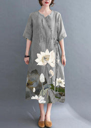 Loose Grey Print Button Maxi Summer Chiffon Dress