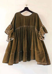 Plus Size Green Wrinkled Patchwork Velour Short Dress Butterfly Sleeve