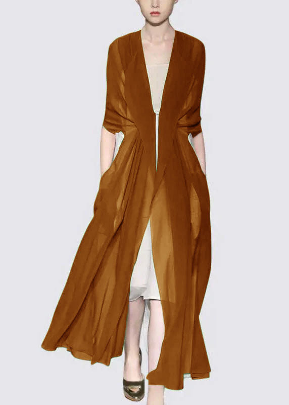 Italian Elegant Brown Silk Dress Long Sleeves