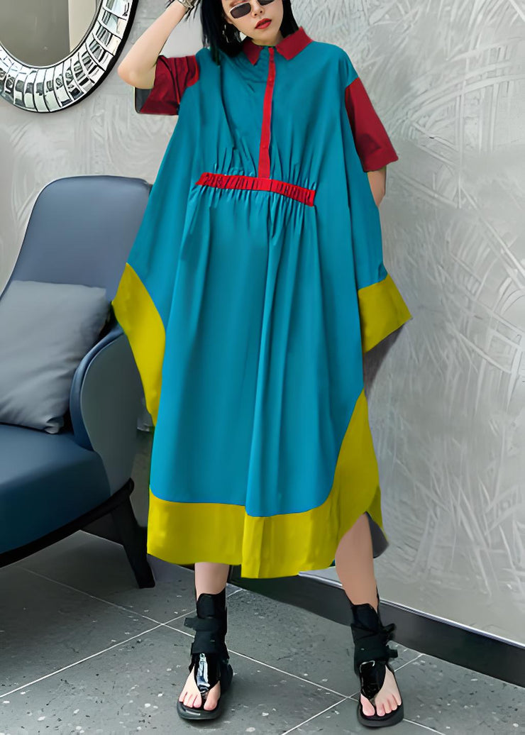 DIY green cotton clothes Women lapel asymmetric Kaftan Dress