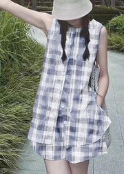 French Blue plaid Tops And Shorts Linen Two Piece Set Summer