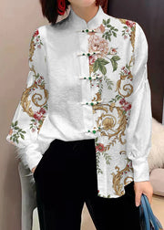 Chinese Style white flowers and birds Stand Collar Button Jacquard Silk Blouse Tops lantern sleeve