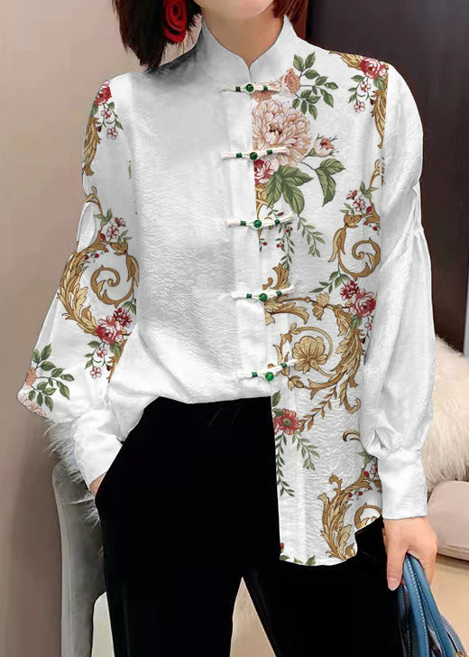 Chinese Style White Stand Collar Button Jacquard Silk Blouse Tops lantern sleeve