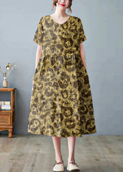 Beautiful yellow leopard print bamboo Pockets Print O Neck Dress
