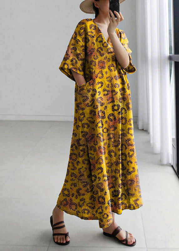 Plus Size Yellow-leopard print Peter Pan Collar Pockets Linen Long Dresses Short Sleeve