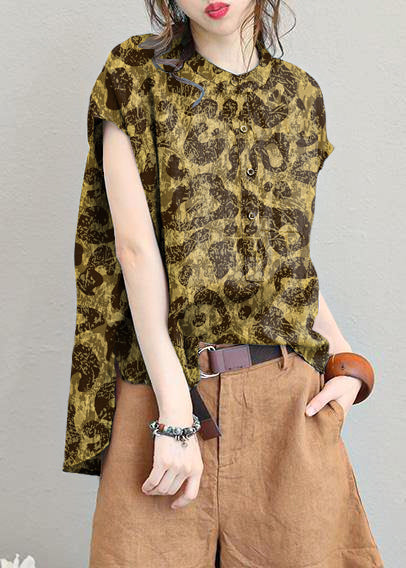 Unique o neck linen tops women blouses low high design Plus Size Clothing Yellow leopard print shirt