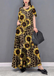 Beautiful Yellow leopard print O-Neck Print Pockets Long Dresses Short Sleeve