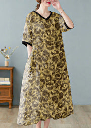 Boutique Black texture V Neck Print Linen Dresses Short Sleeve