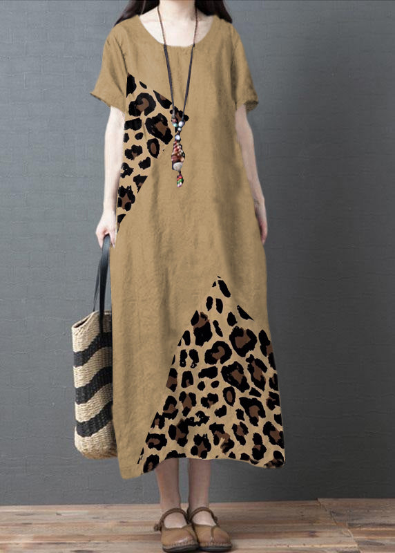 Loose Yellow leopard print O-Neck Patchwork Pockets Summer Holiday Dress Short Sleeve